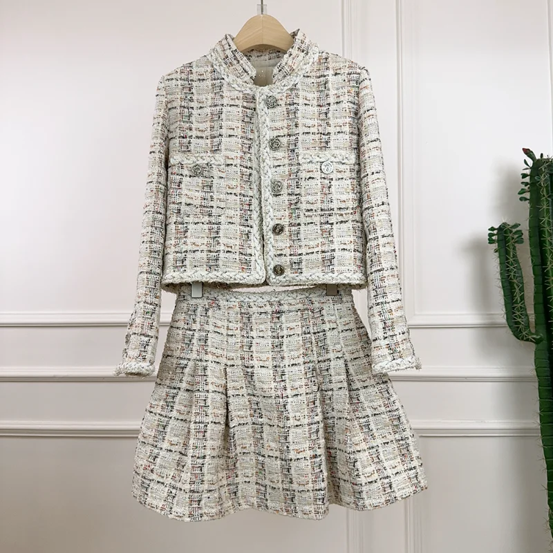 Women Fragrance Plaid Short Jacket + Pleated Skirt Two-piece Set Fashio Vintage Elegant Tweed Autumn Winter French Lady Suit