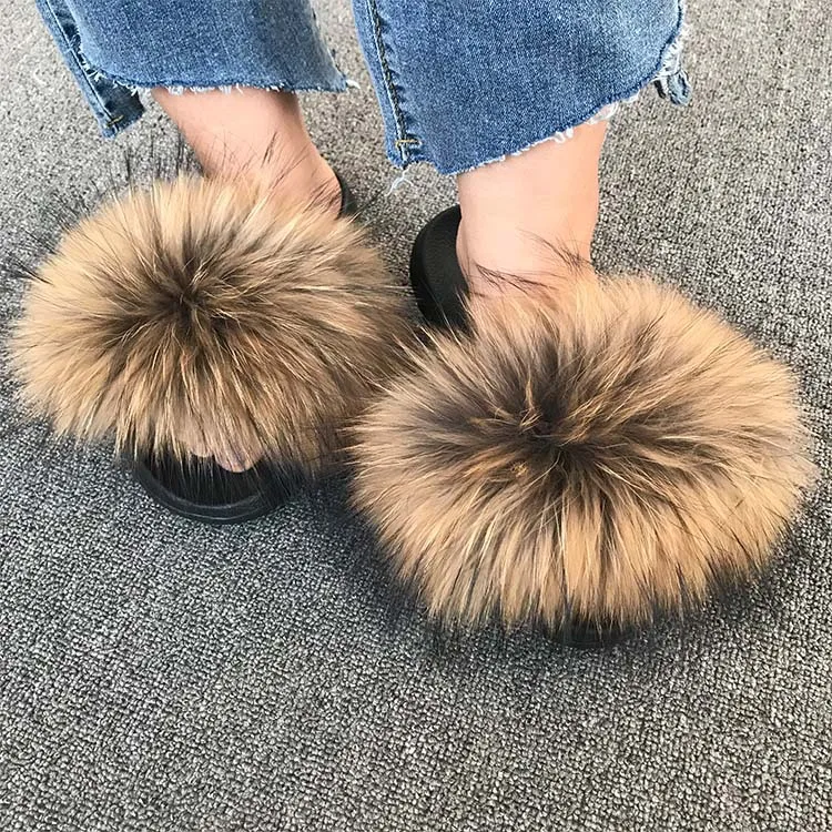 2024 Real Fox Fur Slides Wholesale Furry Sliders Women Ladies Fur Slippers hand mada amazing Quality