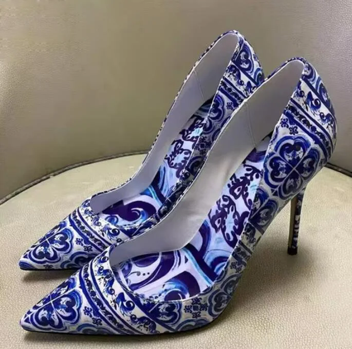 Blue and white Print Porcelain Pumps Pointed Toe Slip on Solid Thin High Heel Women Summer Shoes Dress Shoes Zapatillas Mujer