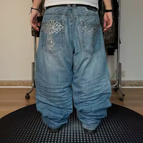 American Vintage Cross Embroidery Oversize Wide-Leg Jeans In 1990s Men's Y2K New Harajuku Hip Hop Goth Casual Joker Street Wear