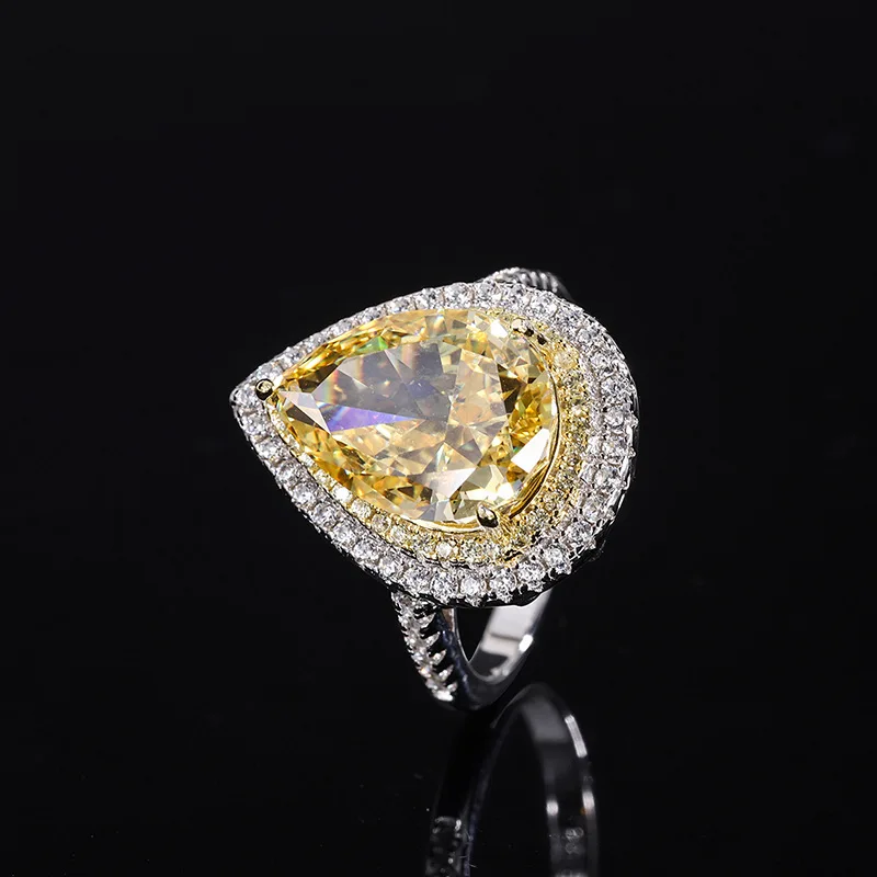 S925 Full body Silver Colorful Treasure High Carbon Diamond Yellow Diamond Droplet Shaped Bikou Hand Ring 10 * 14