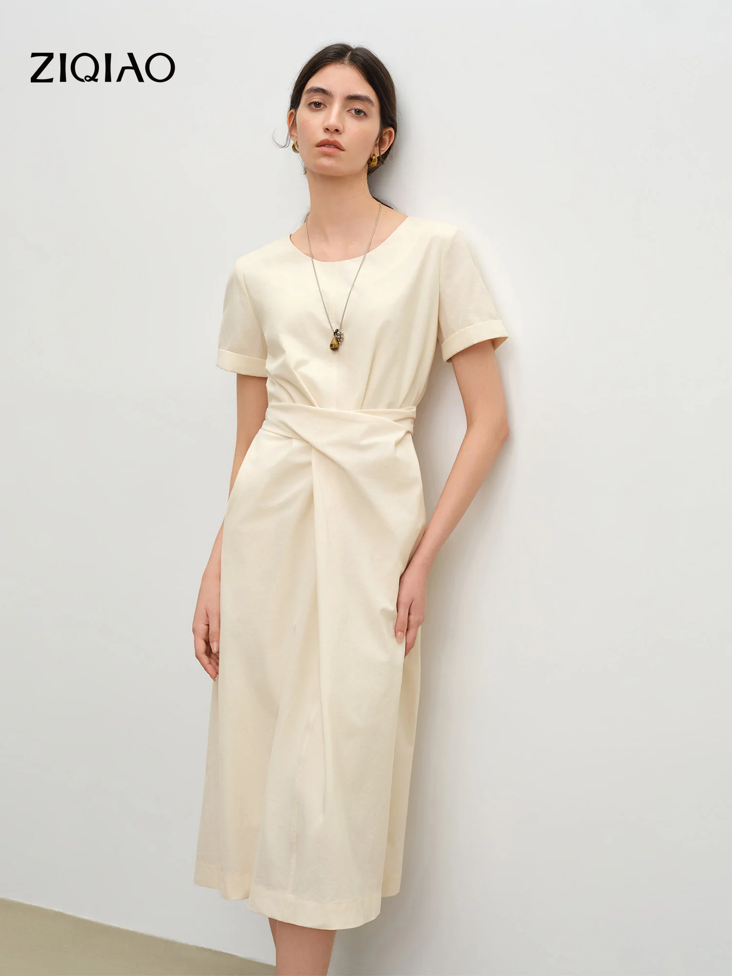 

ZIQIAO Design-Forward Wrap-Style Cotton-Fee Fitted Waist Round Neck Dress Women's Summer 2026 New Arrival Cotton Contain Dresses