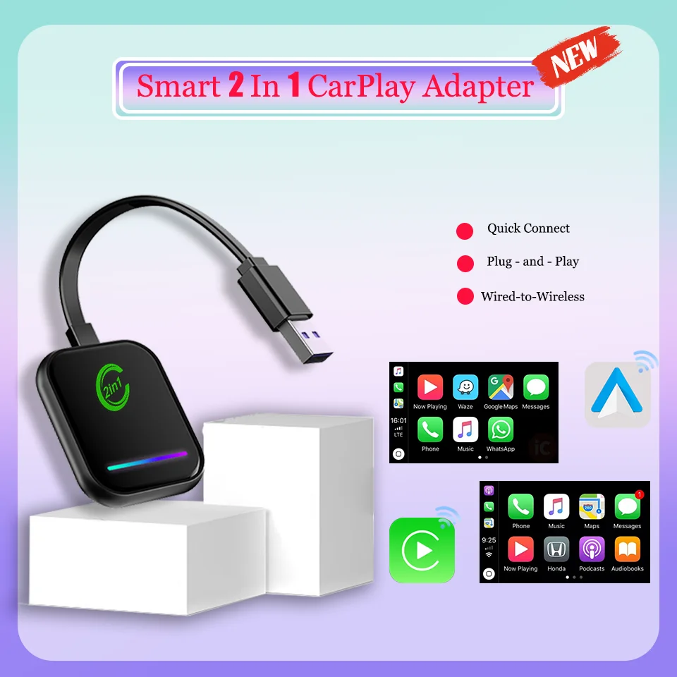 

New 2in1 LED Android Auto CarPlay Wireless Mini Box Adapter Smart Plug and Play USB Bluetooth WiFi, Compatible with 98% of Cars