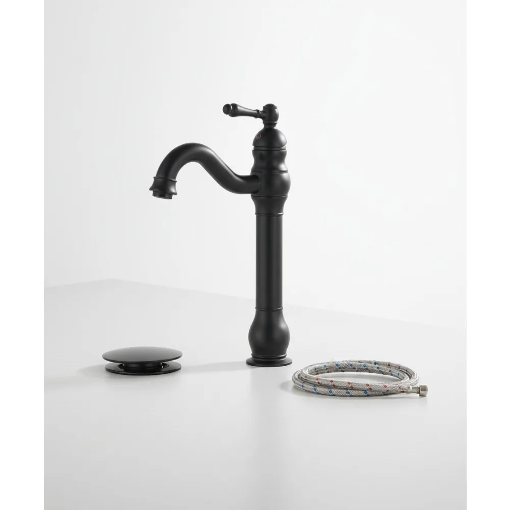 

Tall Black Vessel Sink Faucet Single Handle Matte Finish 360° Swivel Waterfall Bathroom Vanity
