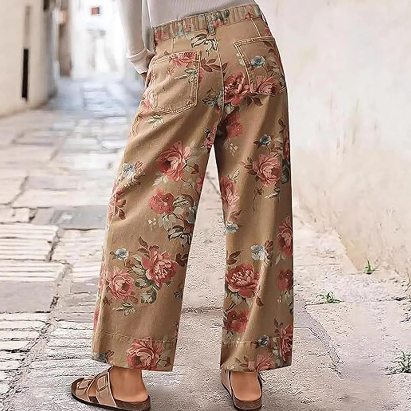 Denim Pant Women Jeans Vintage Wide Leg Long Pants High Waist Print Floral Trousers Y2k Streetwear Elegant Splice Work Casual
