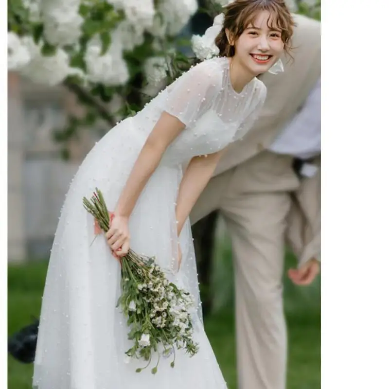 Korean A-line Bride Dress With Pearls White Slim Siple Outdoor Long Dress Super Fairy Simple Wedding Gown Custom Made Customized