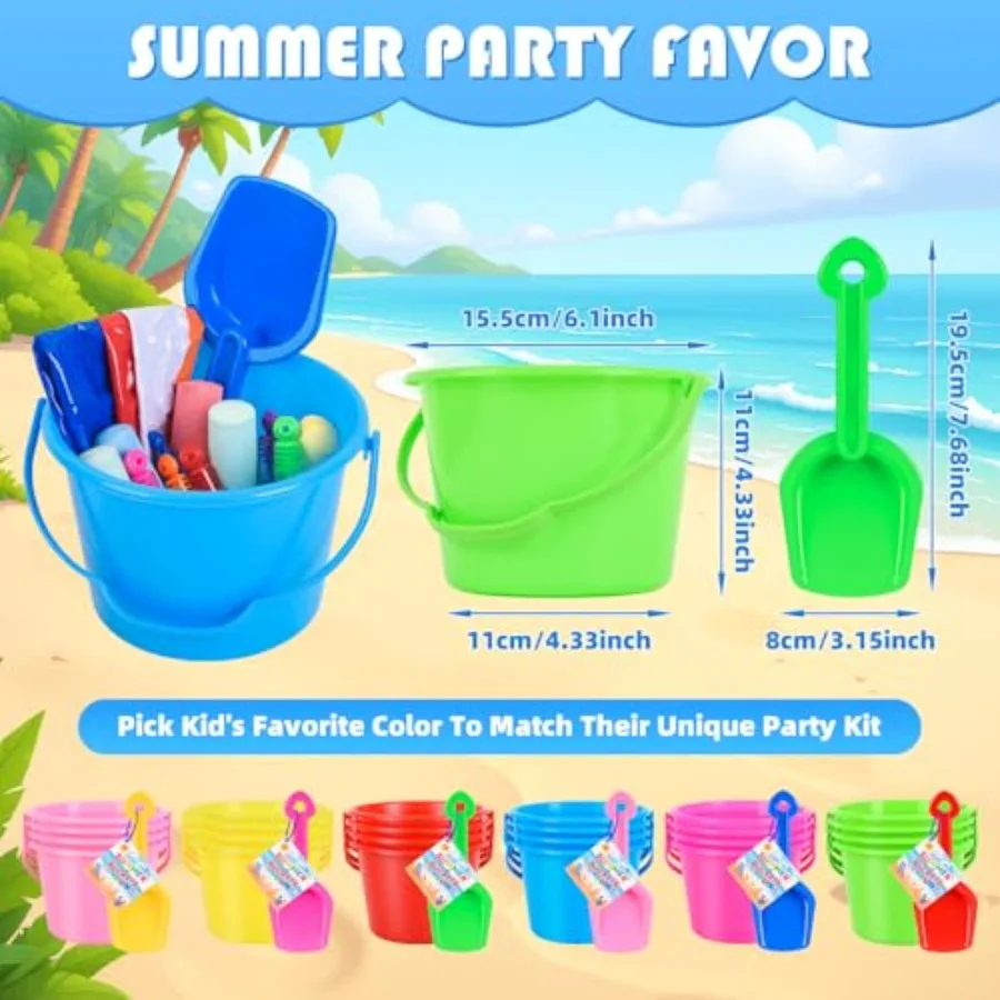 Summer Beach Party Favors: 144 Pcs Set with Sand Buckets, Shovels, Beach Balls, Bubble Wands, Sidewalk Chalk, Cards, Ribbons Pl