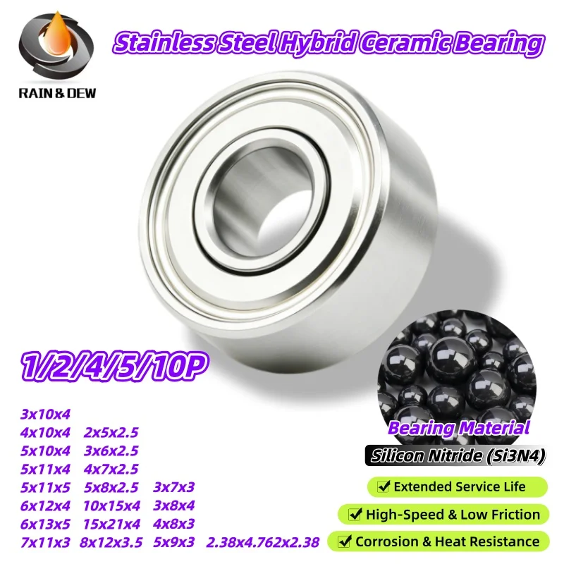 1/2/4/5/10Pcs Stainless Hybrid Ceramic Ball Bearings Bore 2mm 3mm 4mm 5mm 6mm 7mm 8mm 10mm ZZ Shielded Fishing Reel Mini Bearing