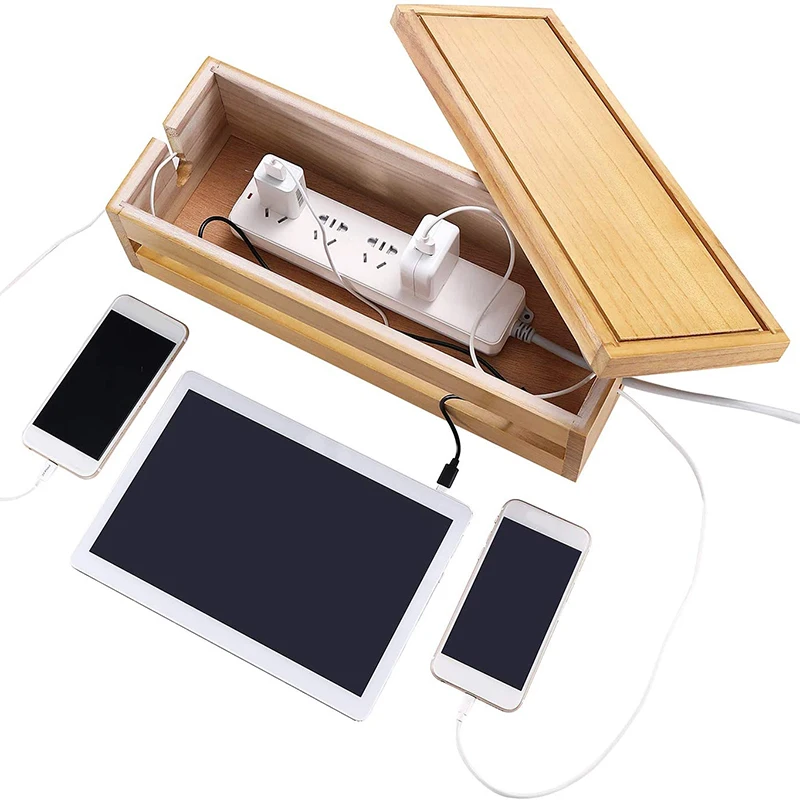 A26F-Cable Management Box Wooden Cord Organizer Box For Extension Cord Power Stripe Surge Protector Wire