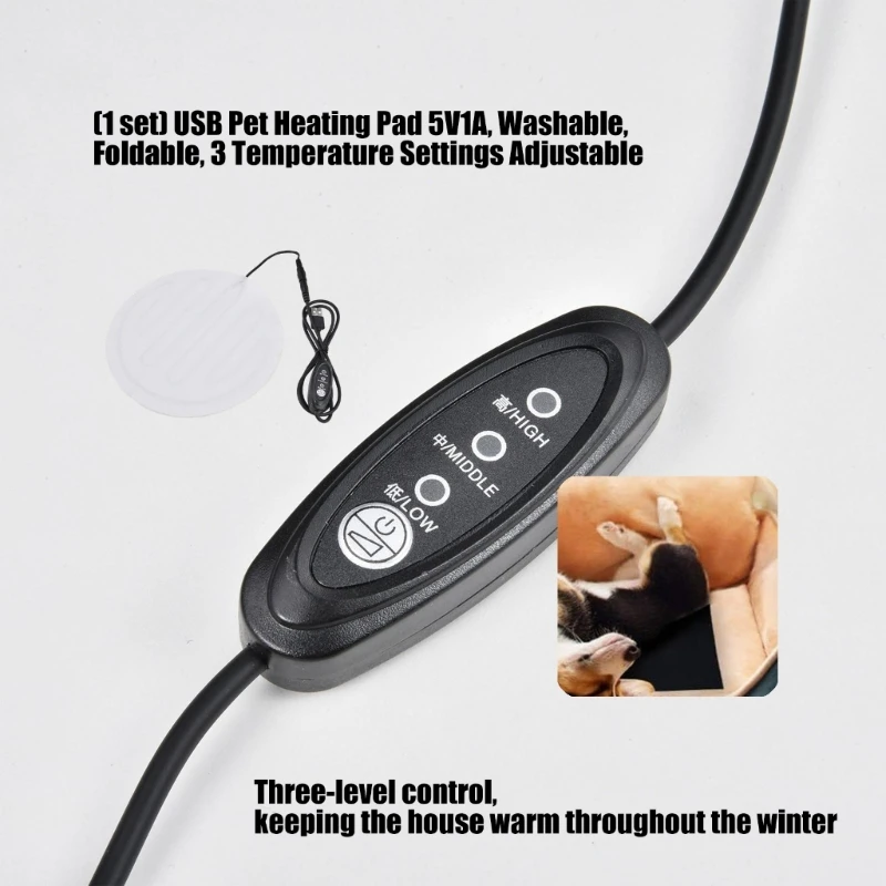  USB Power Pet Heating Mat Cotton Warm Heated Pad with 3 Adjustable Heat Level Low Power Safe for Dog Cats Bed