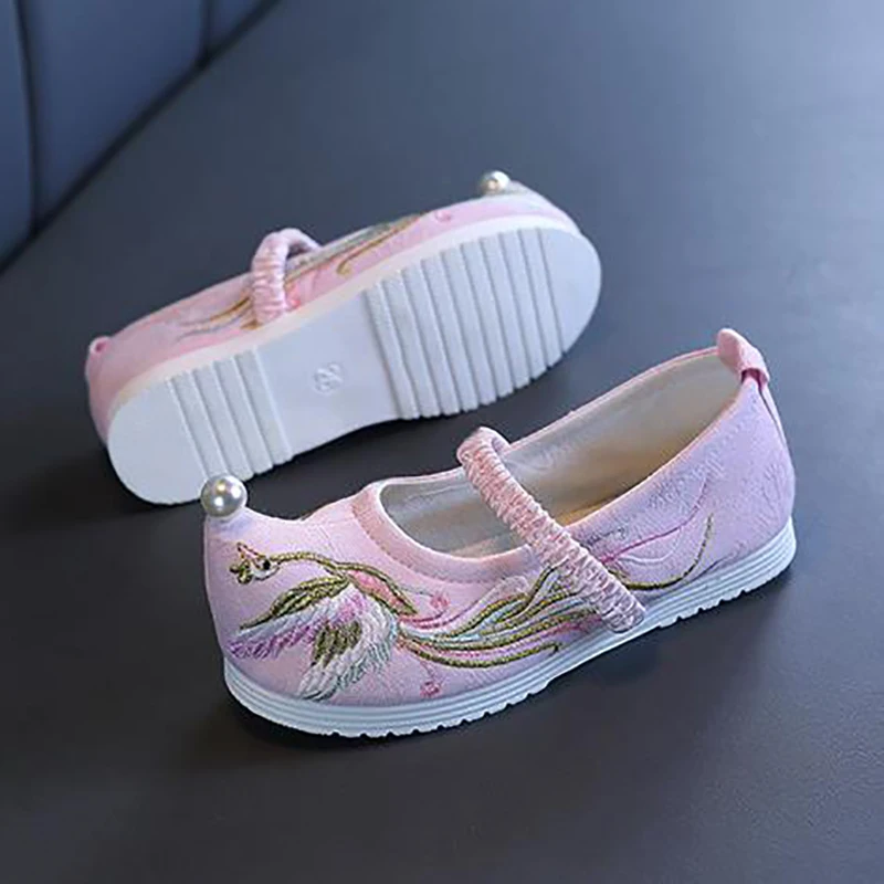 Chinese Hanfu Baby Girls Dance Shoes Vintage Retro Birds Embroidery Pearl Flats Kids Cotton Stage Shoes Children Cloth Shoes