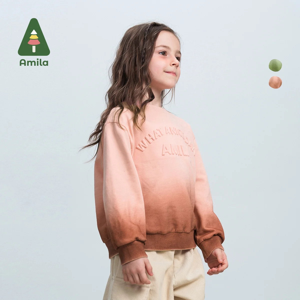 Amila Children‘s Sweatshirt 2024 Autumn New Girls Round Neck Glutinous Cloud Cotton Breathable Skin-Friendly Gradient Trend Top