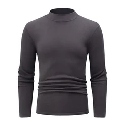 Autumn and Winter Men's Solid Color Fashion Versatile Half High Collar Warm Base Shirt Youth Large Casual Long Sleeve T-shirt