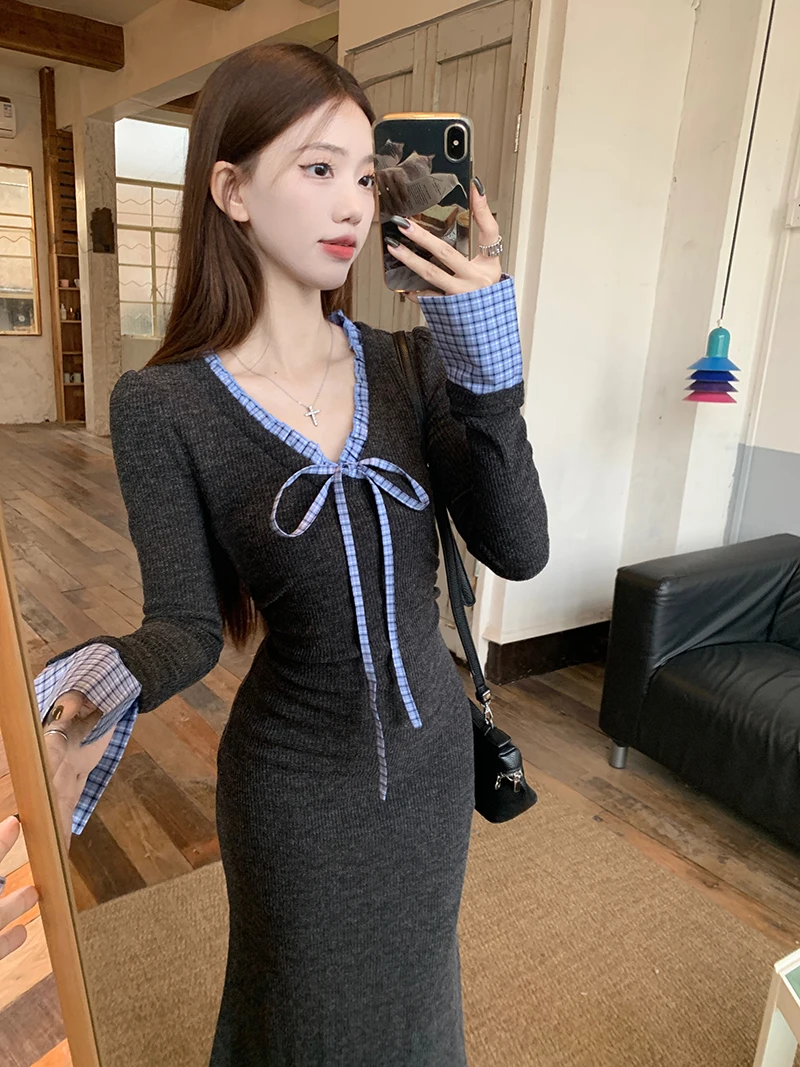 Minimalist French Miu Style Women Dresses Spring Long Sleeve O Neck Bow Tie Patchwork Maxi Dress Elegant Solid Grey Slim Dress