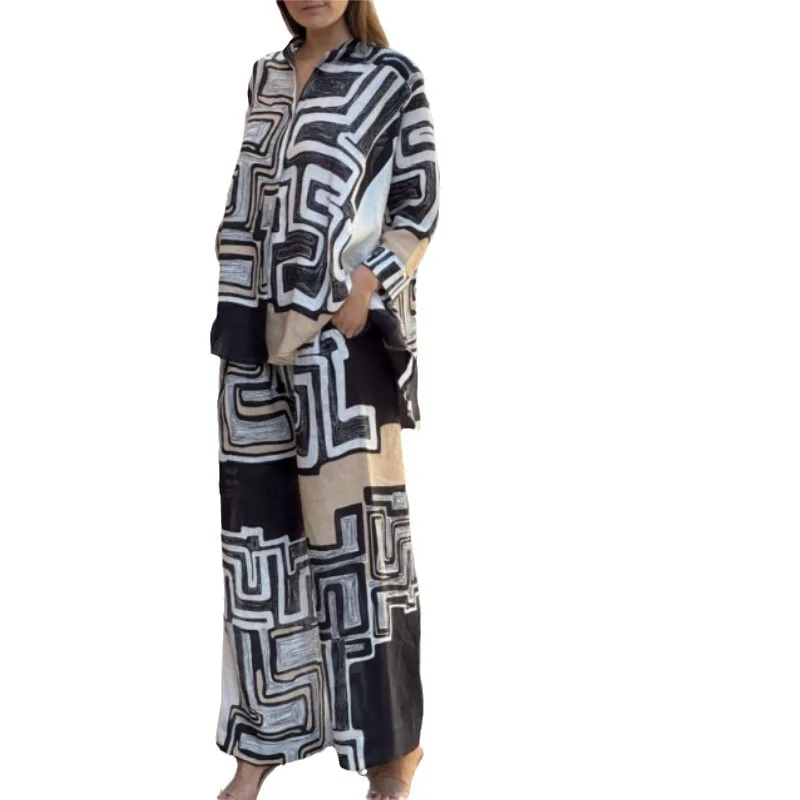 2025 جديد دعوى المرأة 2 قطعة مجموعة أنيقة قميص مطبوع التلبيب بنطال ذو قصة أرجل واسعة مجموعة فضفاضة عصرية عادية القطن الكتان مجموعة