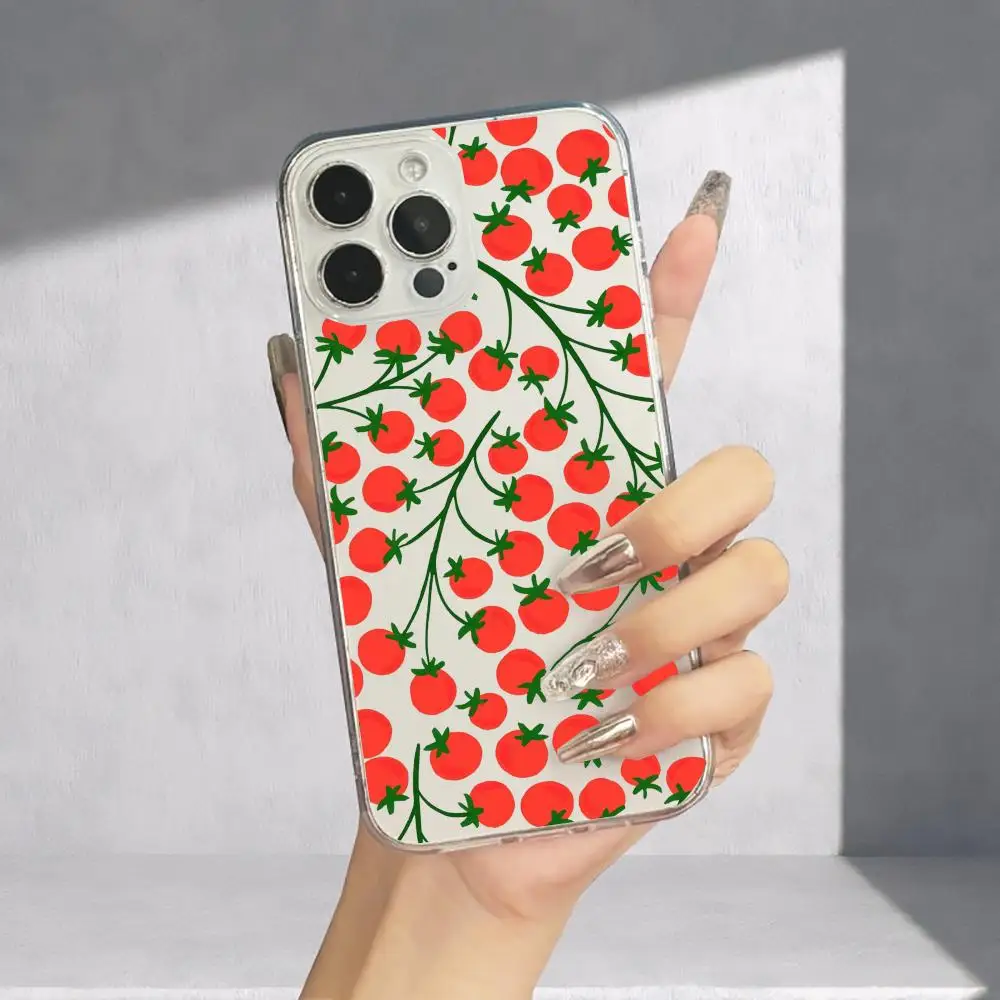 Casing ponsel motif tomat cocok untuk iPhone 17 16 15 14 13 12 11 Pro/Max/Plus transparan anti jatuh dan tahan benturan