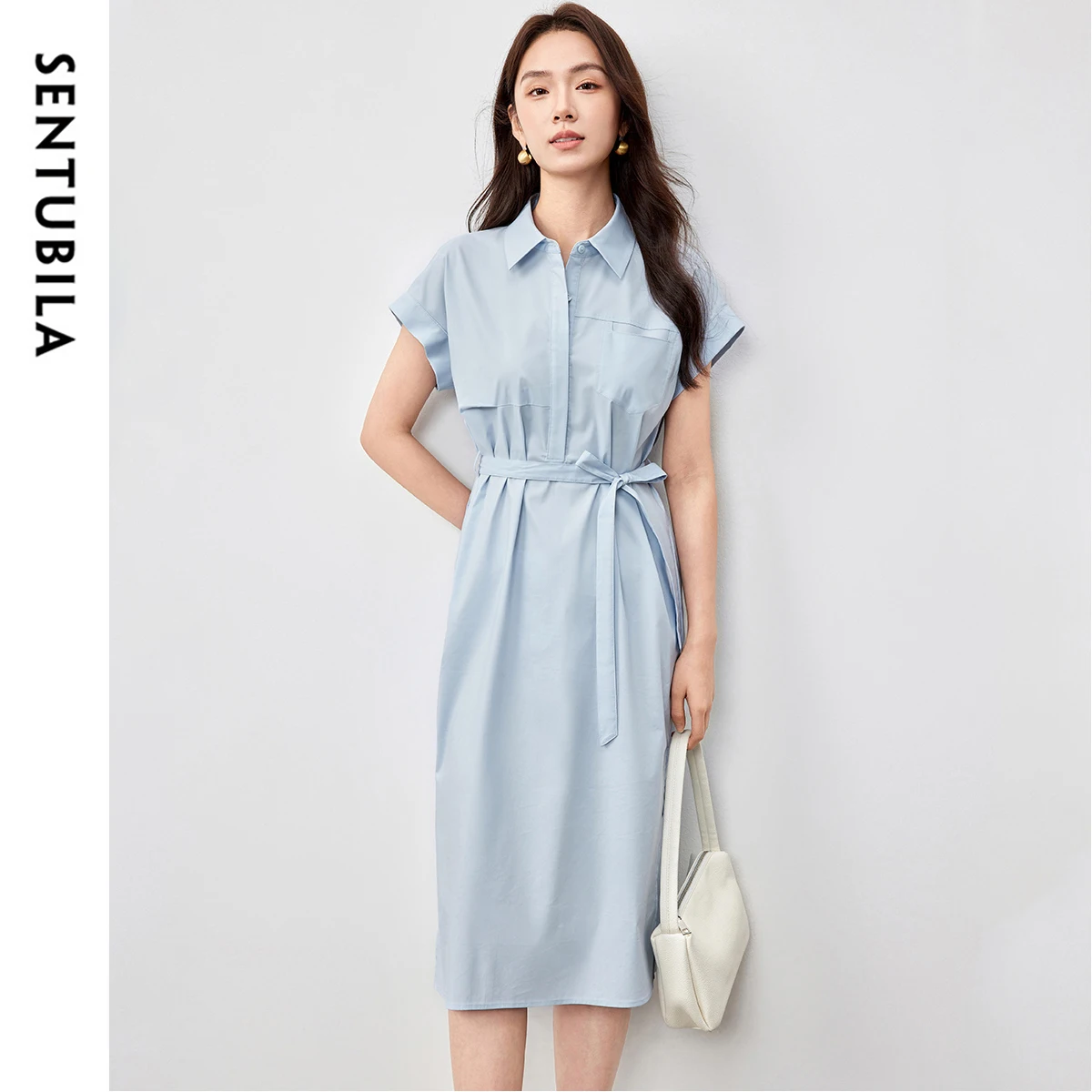 

SENTUBILA Artsy Style Women's Shirt Dresses 2025 New Cotton Drop Sleeve Lapel Slit Solid Color Casual Long Dress 152L59117