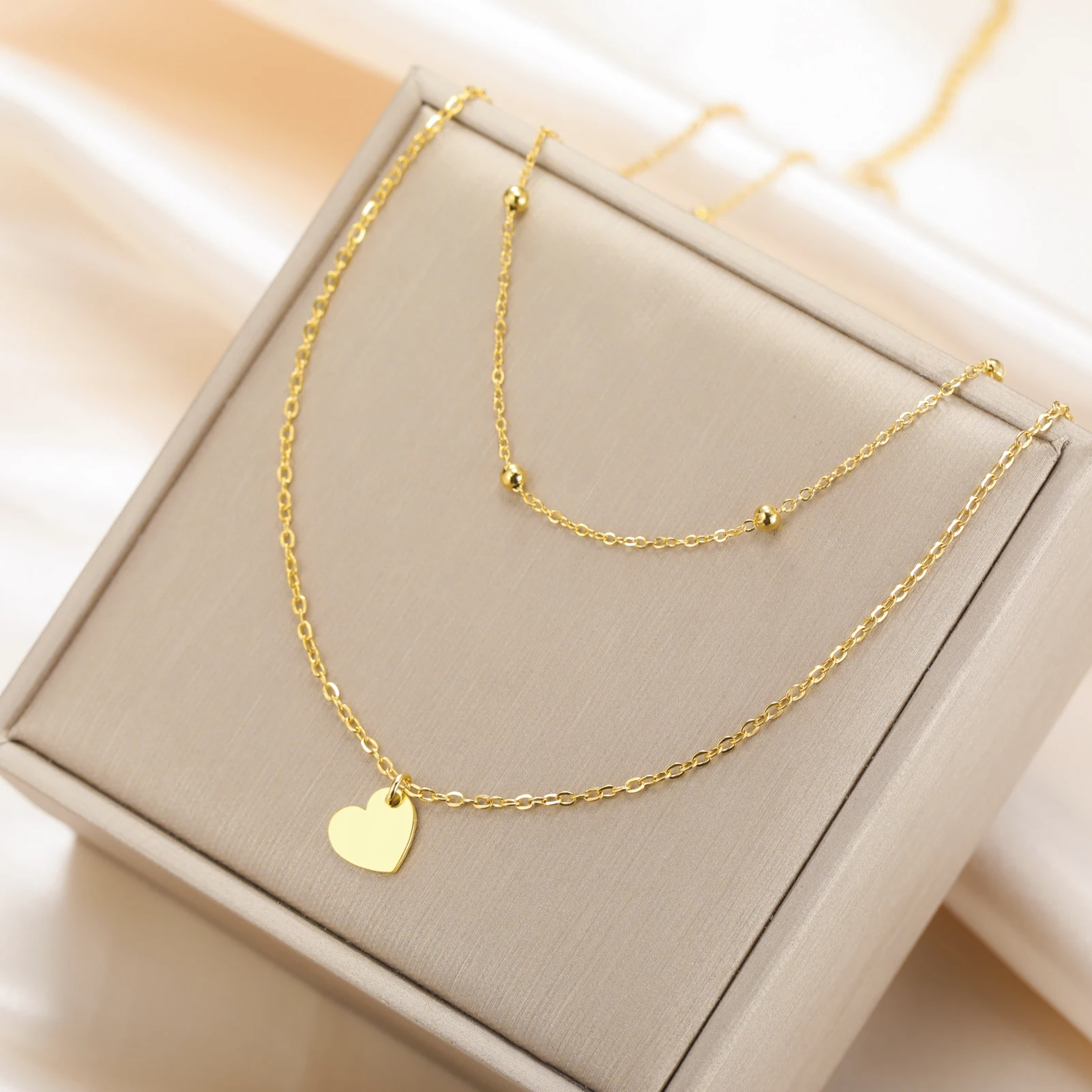 Lucktune Peach Heart Pendant Double Layer Necklace for Women Stainless Steel Love Heart Chain Necklace Fashion Jewelry Hot Gift