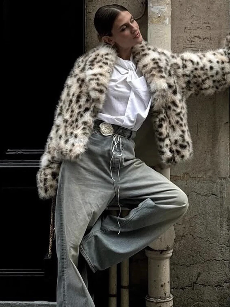 

HH винтажная женская куртка из искусственного меха с леопардовым принтом, зима 2025, толстые теплые пальто с лацканами и длинными рукавами, женская шикарная уличная верхняя одежда