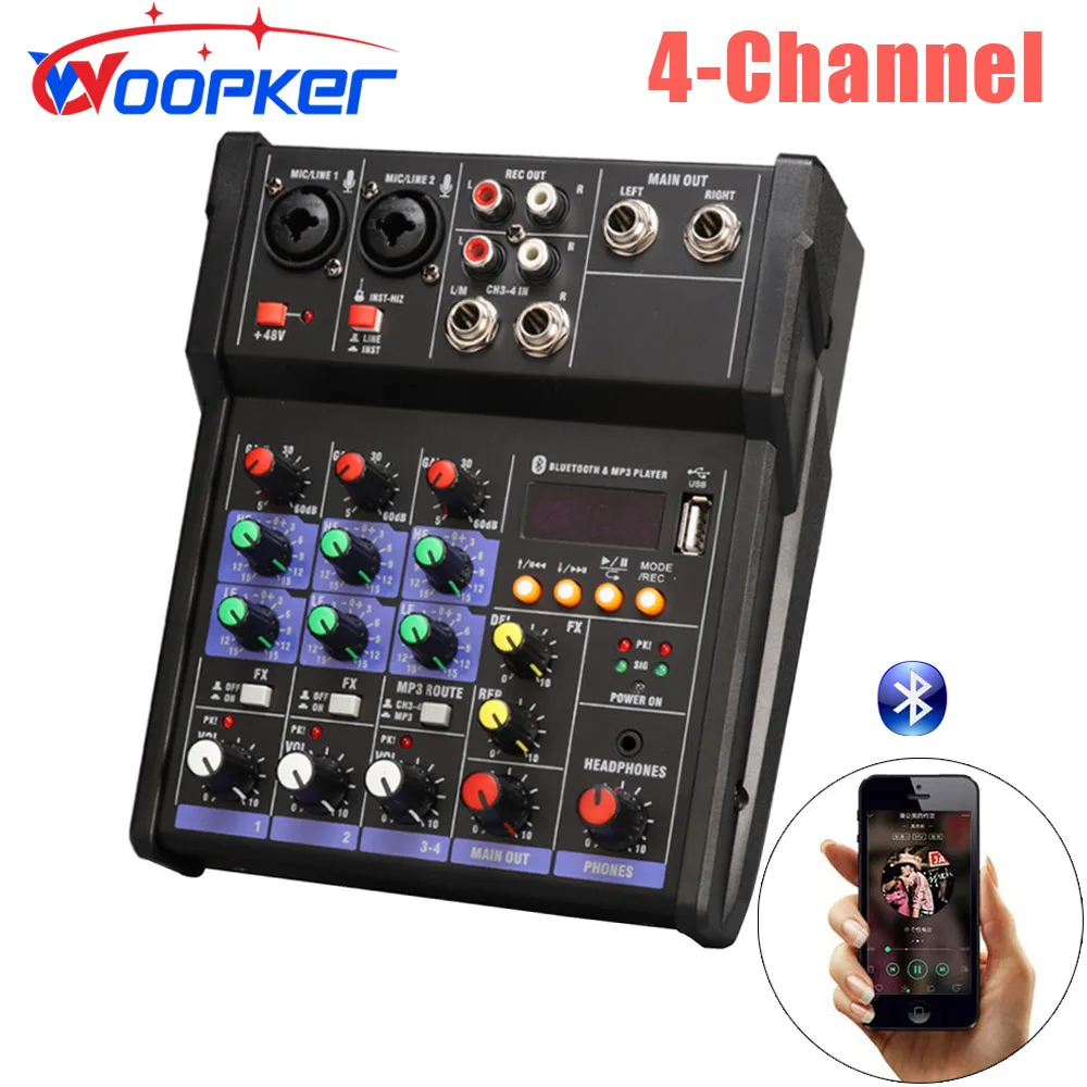 Woopker Bluetooth 4-Channel Dj Controller Mixer Professional Mixing Console with Reverb Effect for Home Karaoke Live Stage