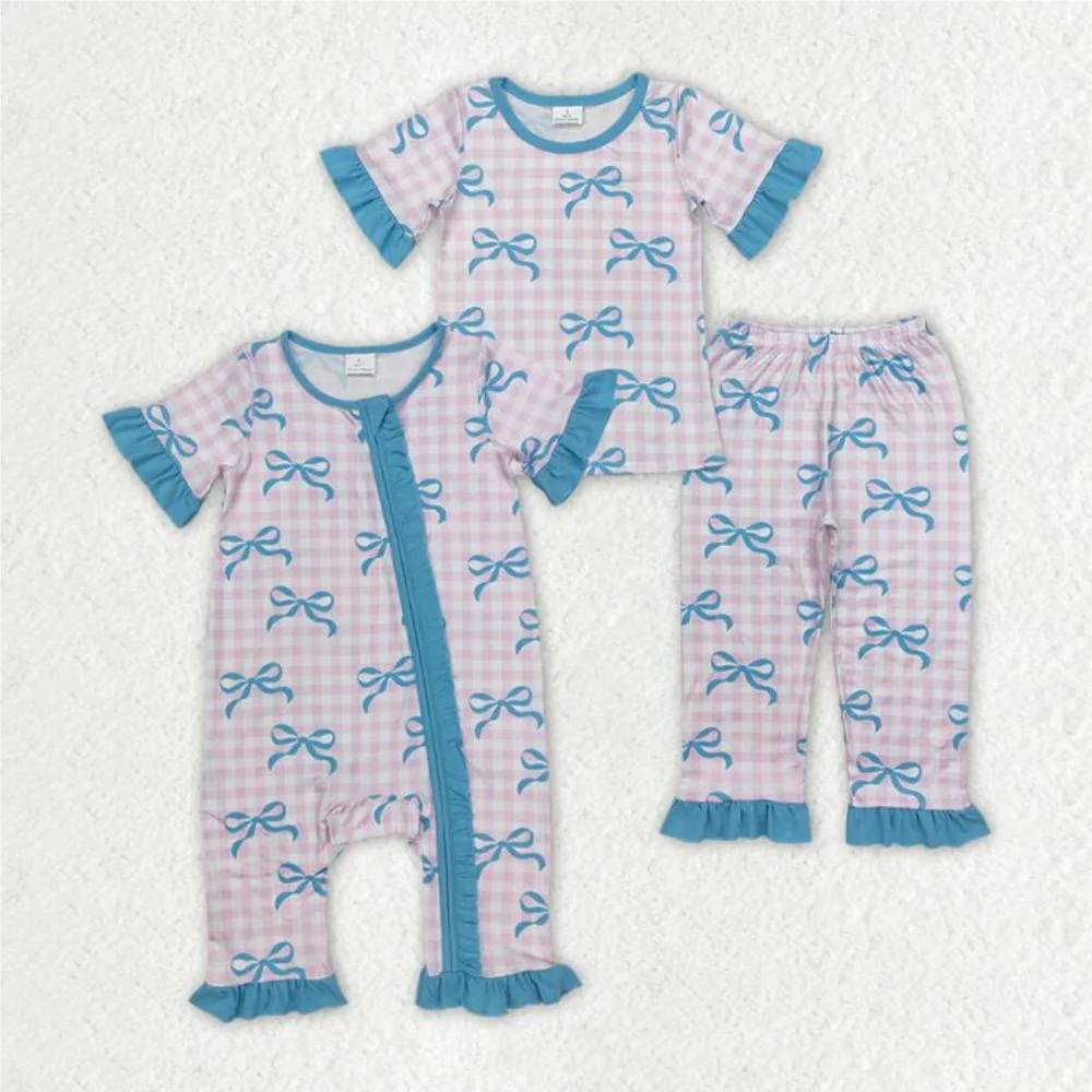 

Baby kids clothing Sibling summer girls Sibling Baby Girls Pink Checkered Bows Rompers Pajamas Sets