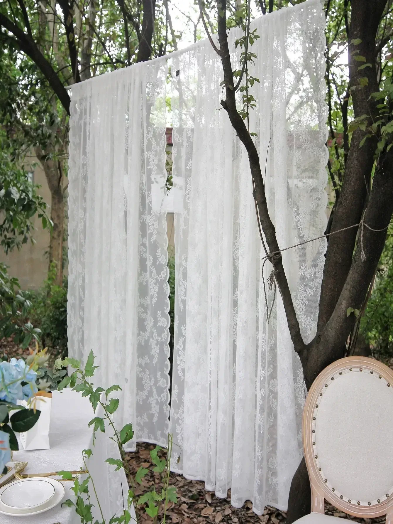 1pc Outdoor Lace Curtains, German Style White Flower Sheer Curtain with Rod Pocket