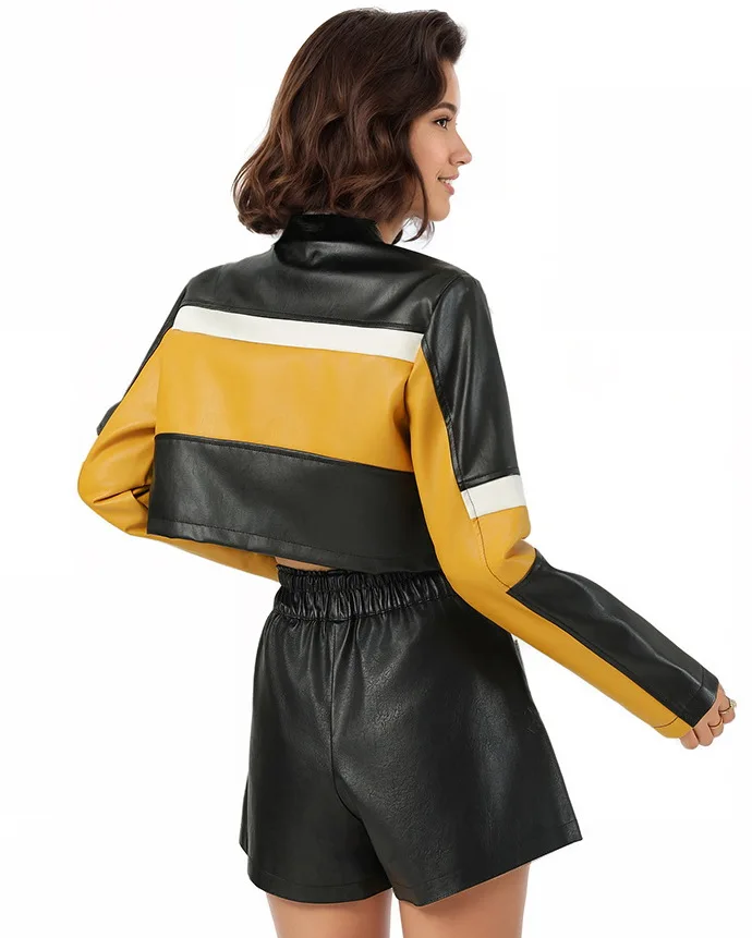 Jaqueta de couro feminina com emenda de cor contrastante jaqueta de couro PU, jaqueta de couro de motocicleta picante para meninas