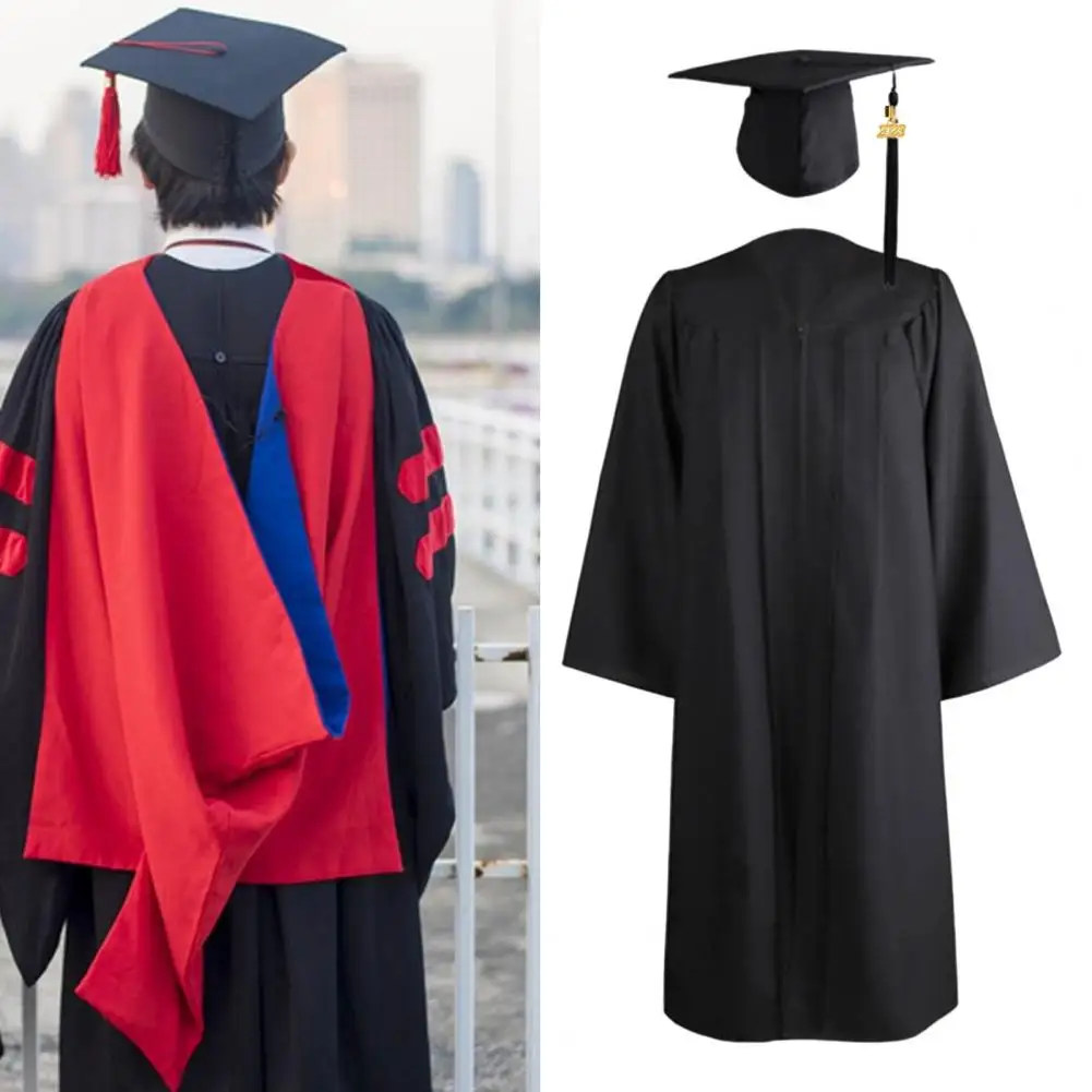 1 Set Pretty Graduation Costume  with Hat Solid Color Graduation Gown  2023 High School Bachelor Academic Dress