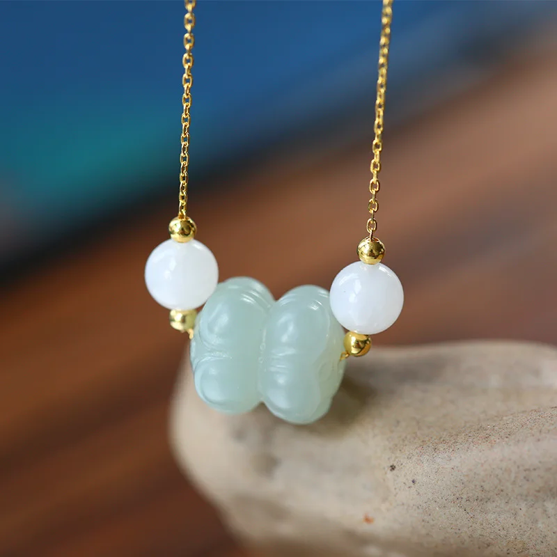 

S925 Silver Gold-Plated Inlaid Blue Jade Matching Lucky Bead Necklace