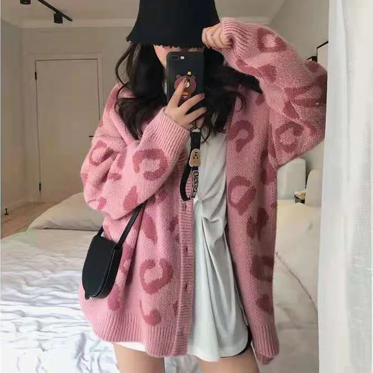 

Spring Autumn Loose Women's Knitted Sweater Outerwear Leopard Print Casual Sle Fce Lined V Ne Long Sve Coat