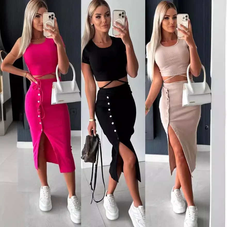 

Summer Women's Skirt Suit O-neck Short Sleeve Short Version T-shirt Straight Slit Skirt Fashion High Street Casual 2-piece Set