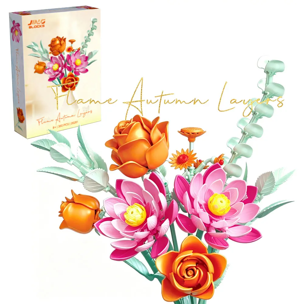 

360PCS Flame Autumn Layers Flower Building Blocks Bouquet Everlasting Lotus Rose Bricks Assemble Brick Toy Gift For Girl Women