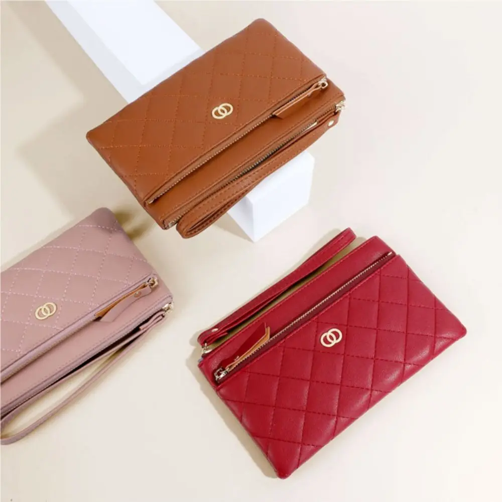 Women Solid Color Long Wallet Elegant PU Leather Coin Purse Travel Mobile Phone Bag Clutch Bag Zipper Credit Card Holder