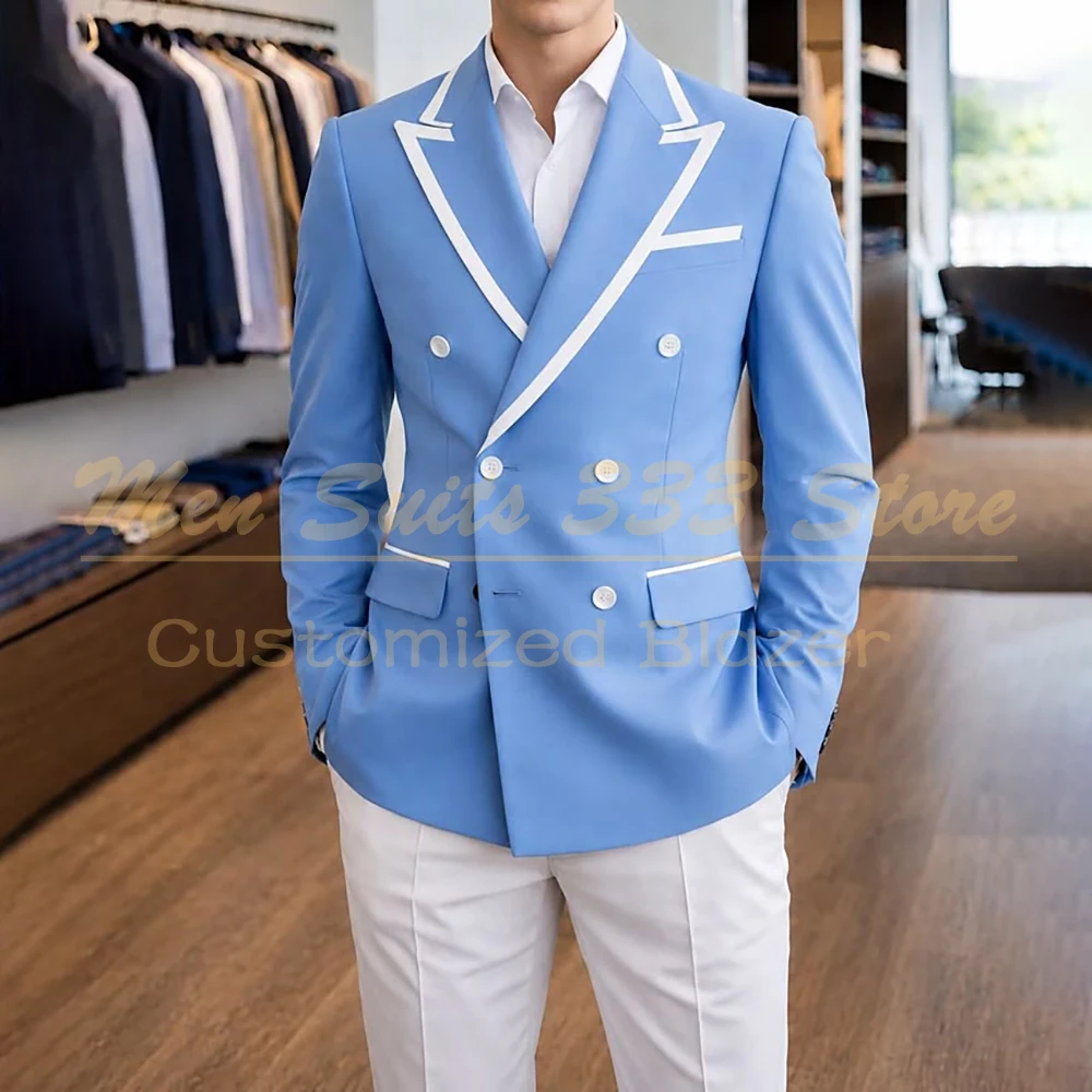 

Customized Men's Suits Double Breasted Peak Lapel White Edge Blazer High Quality 2 Piece Jacket Pants For Wedding Costume