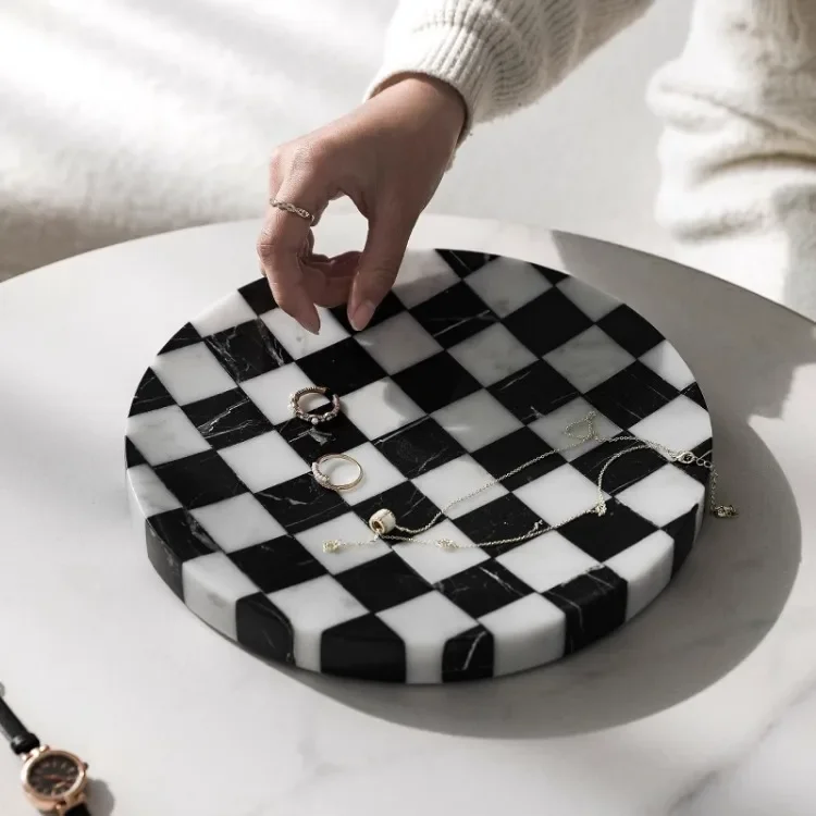 Nordic Style Marble Storage Tray Black and White Chessboard Print Design Dining Room Tabletop  Luxury Stone Ornament Home Decor