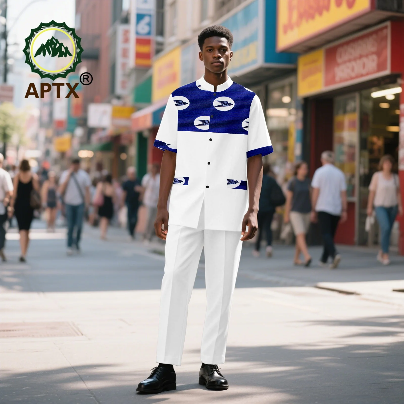 African Suit for Men Ankara Print Half high collar Short Sleeve Top and Pants with pocket 2 Piece Suit Patchwork Dashiki 2516090