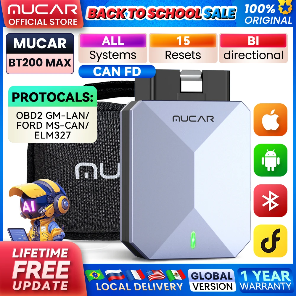 MUCAR BT200 MAX AI OBD2 Scanner CAN FD Car Diagnostic Tool Full System Scan Tool Bi-Directional Control ELM327 Automotive Tools