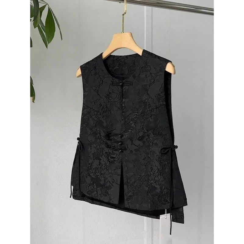 

Elegant Chinese Style Jacquard Vest for Mature Women | Vintage Sleeveless Jacket with Frog Buttons for Spring & Autumn