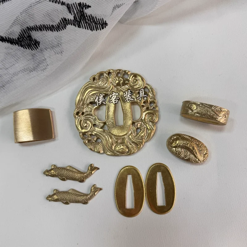 

Bright Brass Copper Set of Dragon-Fish Tsuba Habaki Fuchi Kashira Seppa Menuki Katana Sword Accessories Components