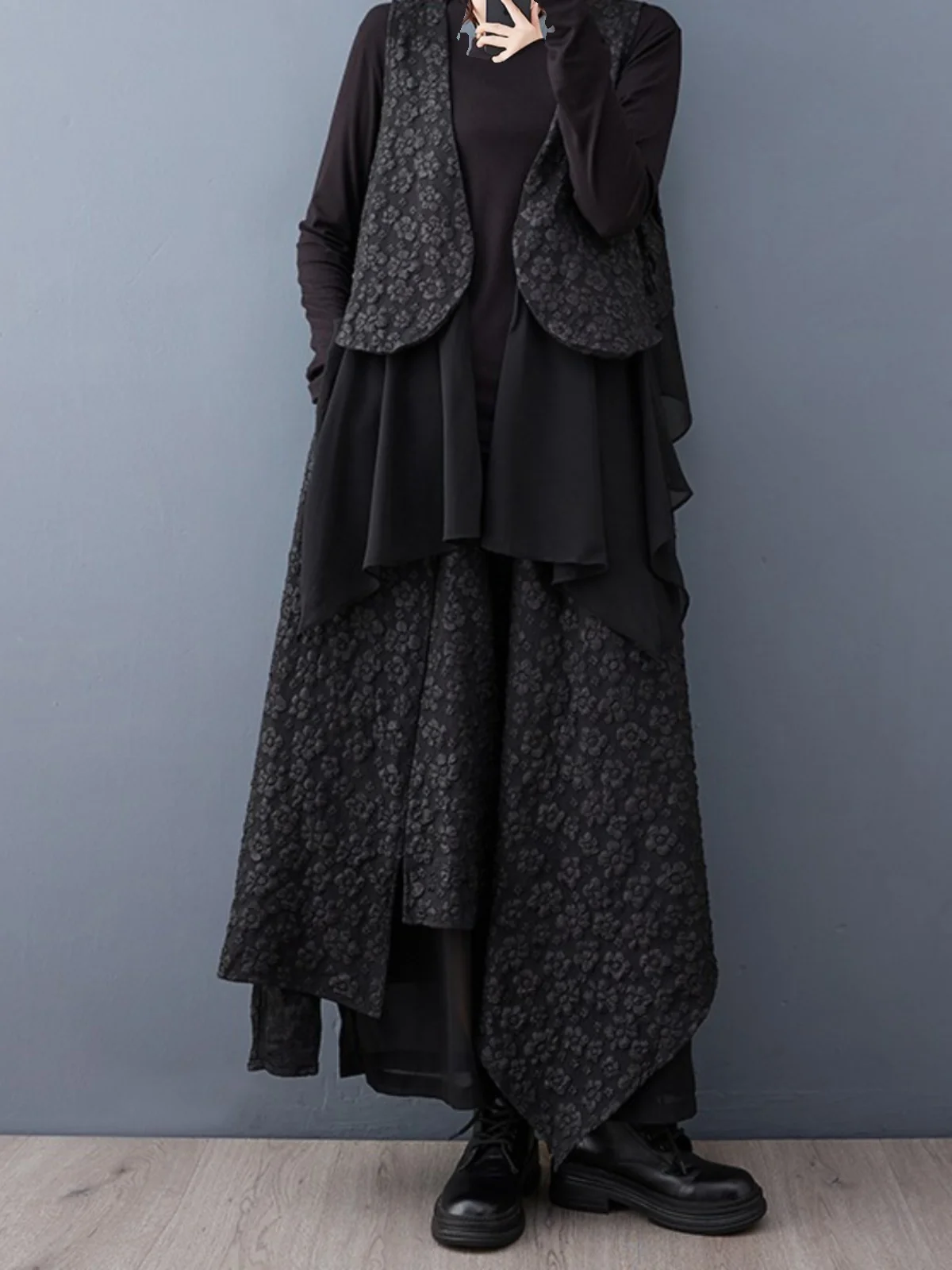 

Faionable Asymmetrical Large Size Set Casual Chiffon Patchwork Jaet Wide Leg Pants Trendy Two-Piece Suite Ele