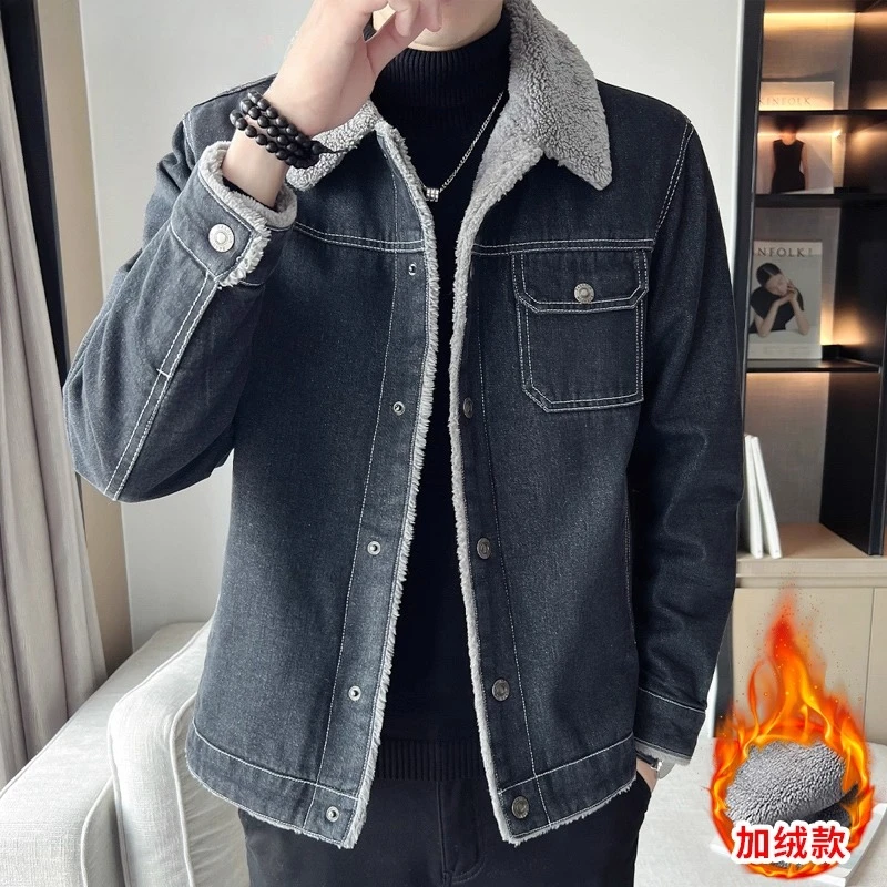 Giacca di jeans blu nera casual allentata spessa foderata in pile monopetto con colletto rovesciato da uomo di nuova vendita calda invernale