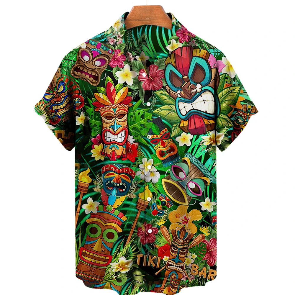 Kemeja pria motif 3D, baju liburan modis Harajuku pantai Hawaii kasual Tiki musim panas