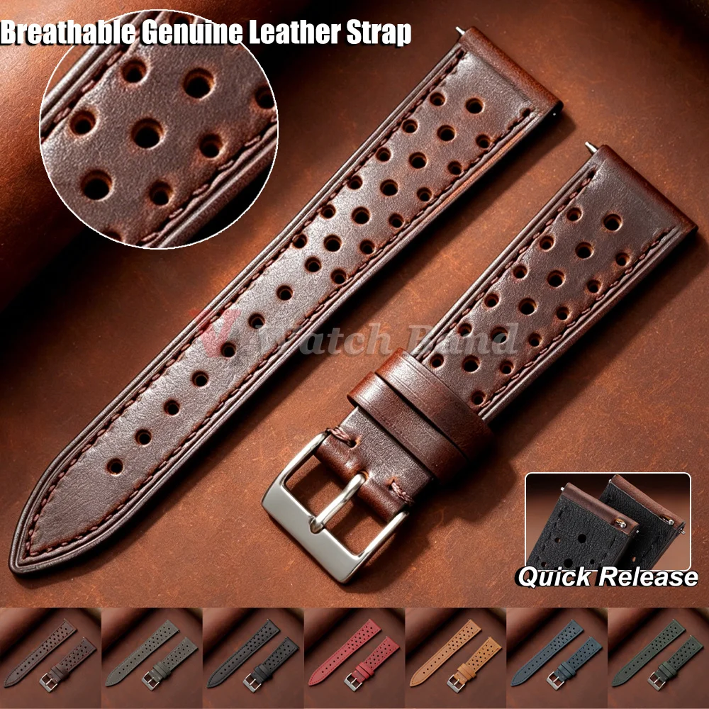 Quick Release Watch Strap Brown 18mm 19mm 20mm 21mm 22mm 24mm Vintage Racing Leather Watch Strap Breathable Porous Watchbands