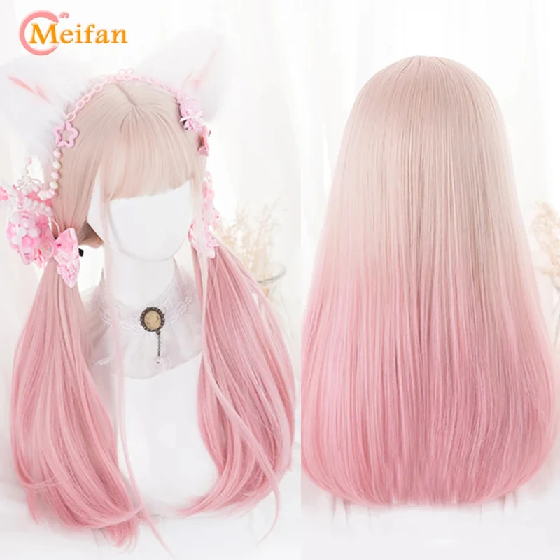 MEIFAN Synthetic Cosplay Lolita Long Straight Color Daily Wig Anime Wig Female Hair Blue Pink Gradient Headgear Harajuku Wig