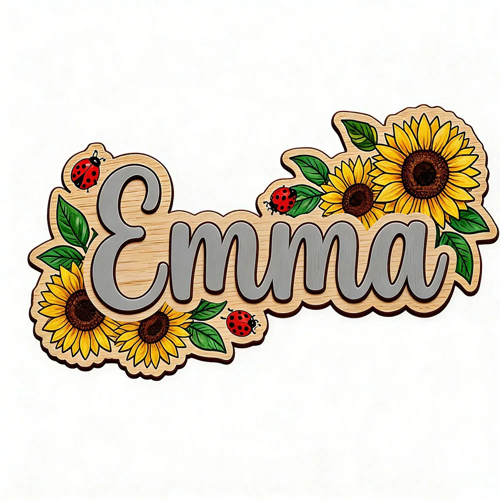 Cheerful Sunflower Custom Wooden Name Sign, Personalized Floral & Ladybug Kids Room Decor, Neutral Nursery Wall Art, One-of-a-Ki