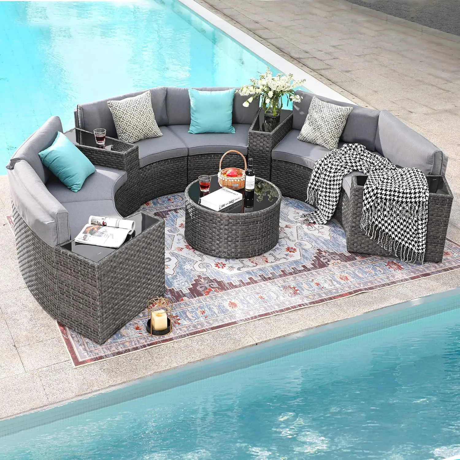 

Outdoor Patio Furniture 11PCS Half-Moon Sectional Round Set Curved Sofa with Tempered Glass Coffee Table, 4 Pillows, Grey Rattan