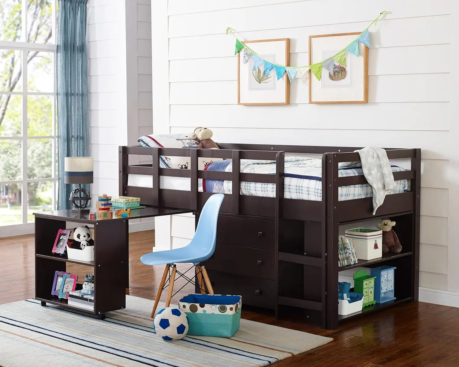 Home Twin Size Loft Bed com mesa para crianças, estudo baixo, armazenamento Pine Wood