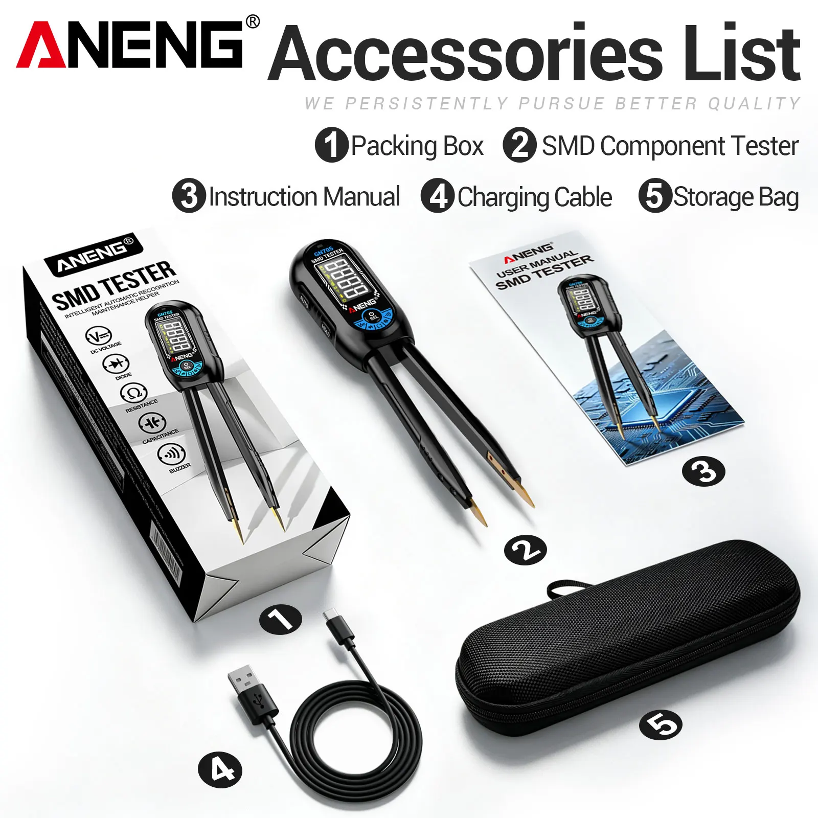 ANENG GN705 SMD Tweezer LCR Tester 6000 Counts Resistance Capacitance Inductance Diode Rechargeable Electrician Repair Tool view 6