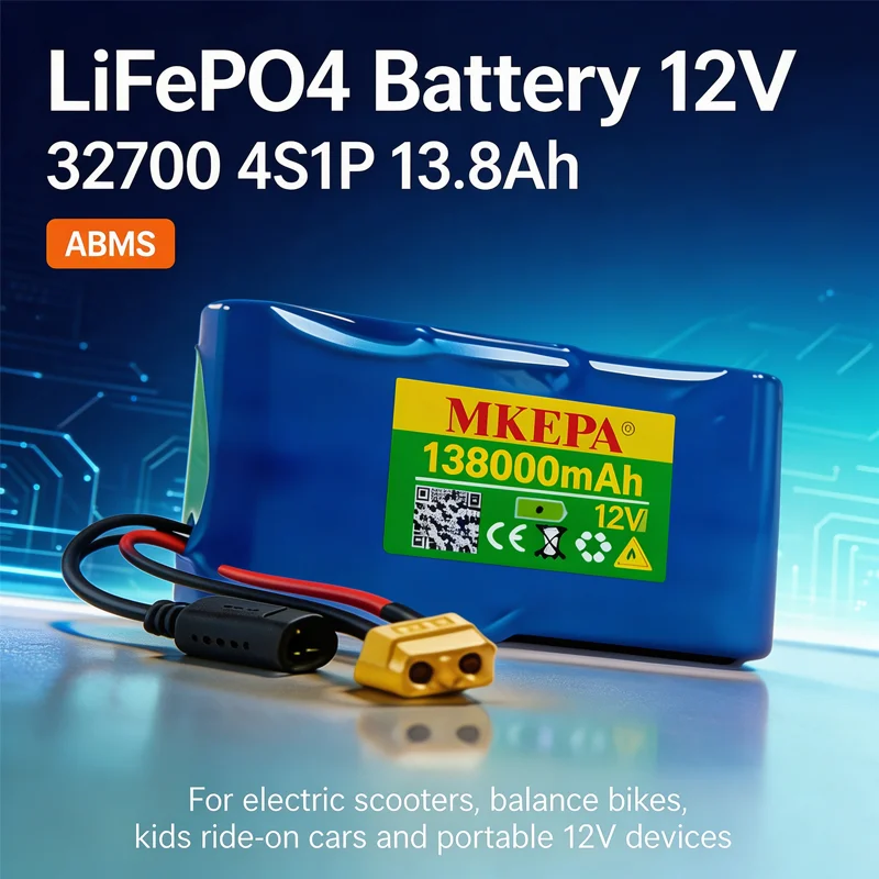 12V 13.8Ah 32700 4S1P LiFePO4 Battery Pack with ABMS Protection for Electric Scooter Balance Bike Kids Ride On Car