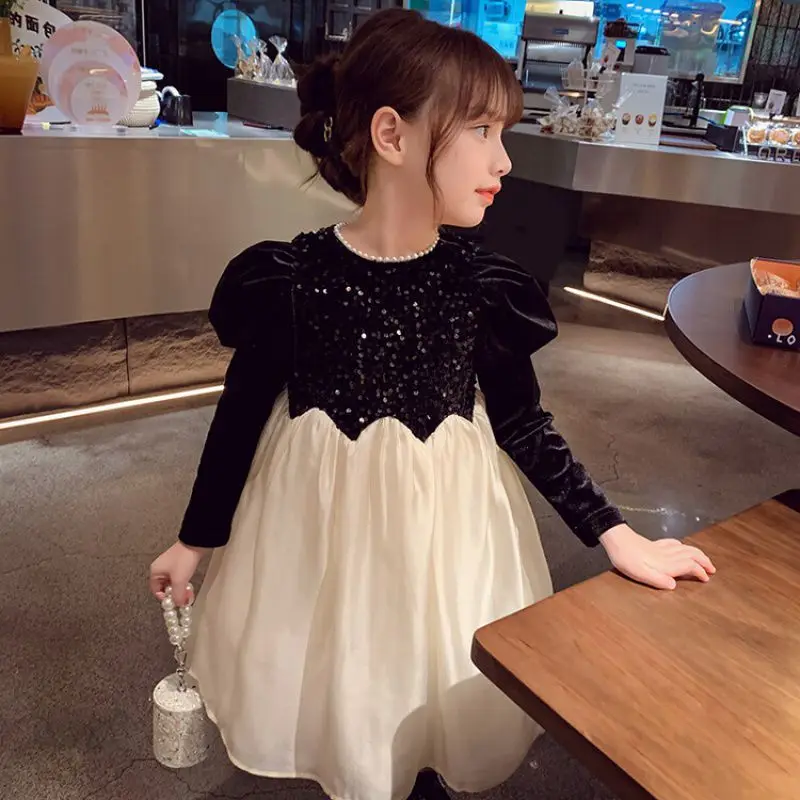 

Girls Fleece-lined Thickened Hepburn Style Velvet Sequin Formal Dress New Autumn and Winter